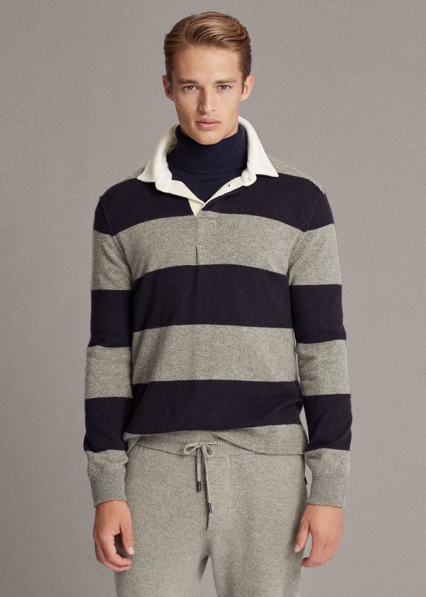 Swetry Ralph Lauren Striped Cashmere Rugby Sweater Męskie Szare Granatowe | VYAS1086