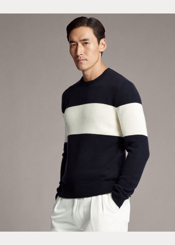 Swetry Ralph Lauren Striped Cashmere Sweater Męskie Granatowe Kremowe | UEEM8714