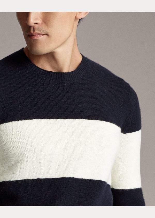 Swetry Ralph Lauren Striped Cashmere Sweater Męskie Granatowe Kremowe | UEEM8714