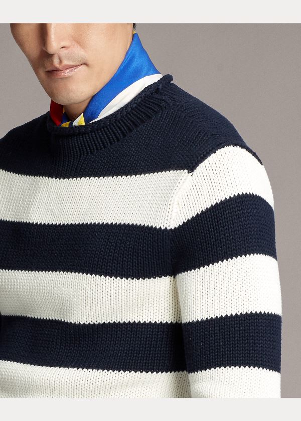 Swetry Ralph Lauren Striped Cotton-Blend Sweater Męskie Granatowe Białe | HMGU7436