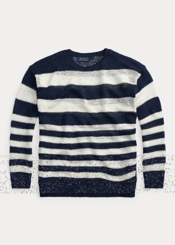 Swetry Ralph Lauren Striped Linen Sweater Damskie Granatowe Białe | NGNF7833