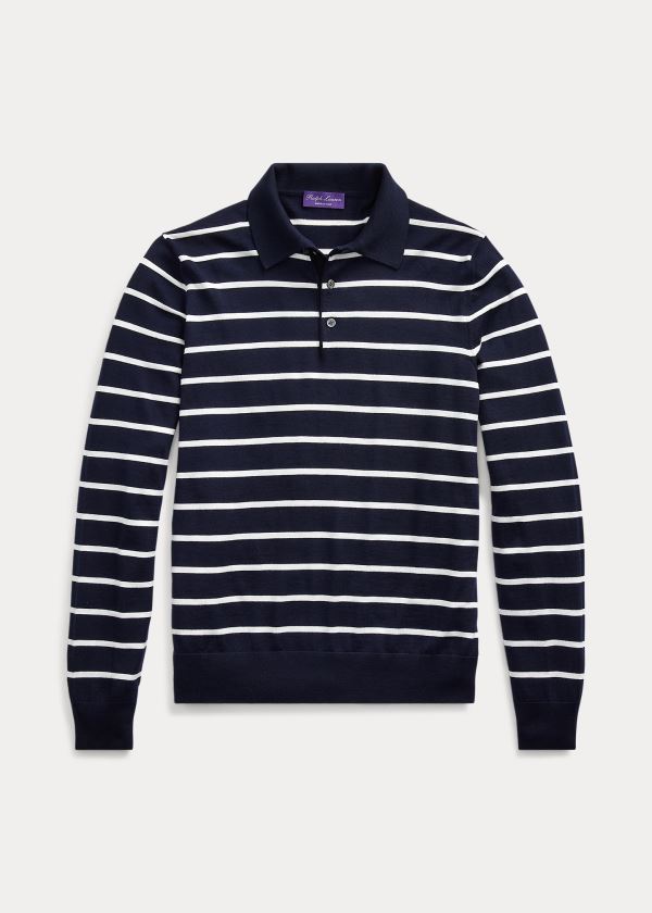 Swetry Ralph Lauren Striped Wool Polo Sweater Męskie Granatowe Białe | LSIN8906