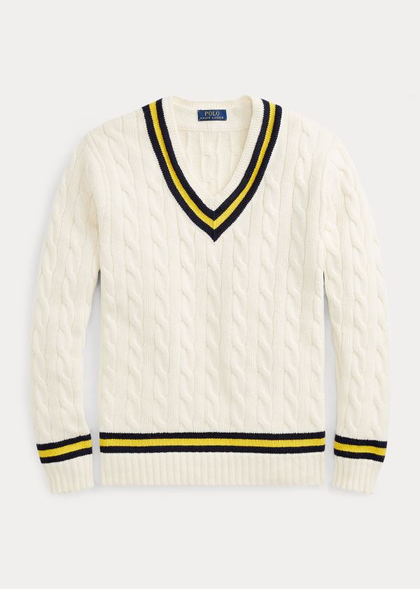 Swetry Ralph Lauren The Iconic Cricket Sweater Męskie Kremowe Granatowe Żółte | QIYU8952