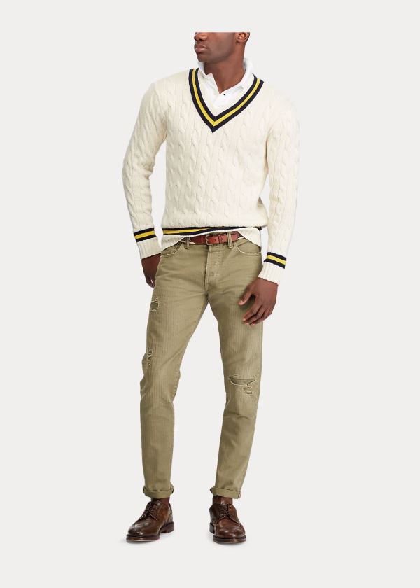 Swetry Ralph Lauren The Iconic Cricket Sweater Męskie Kremowe Granatowe Żółte | QIYU8952