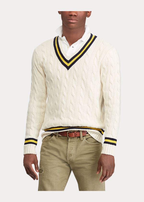 Swetry Ralph Lauren The Iconic Cricket Sweater Męskie Kremowe Granatowe Żółte | QIYU8952