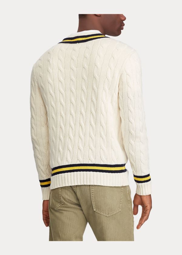 Swetry Ralph Lauren The Iconic Cricket Sweater Męskie Kremowe Granatowe Żółte | QIYU8952