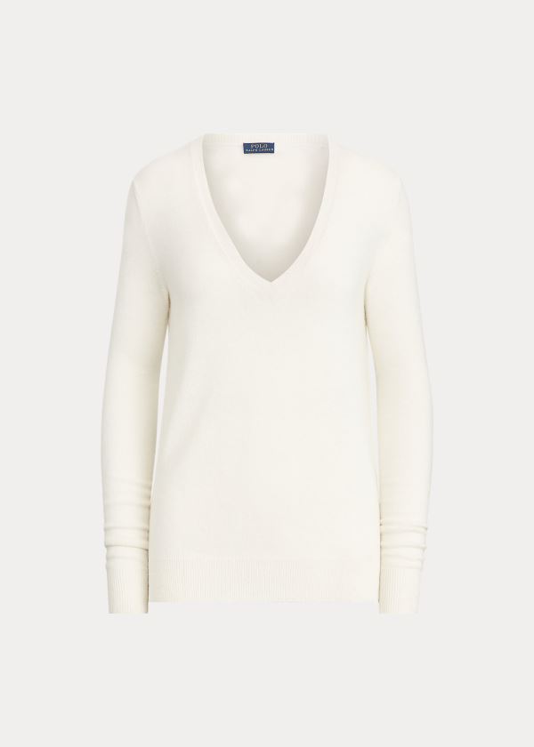 Swetry Ralph Lauren Washable Cashmere V-Neck Damskie Kremowe | VSTU7508