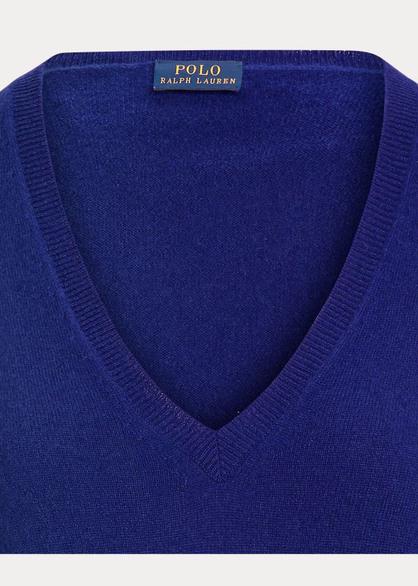 Swetry Ralph Lauren Washable Cashmere V-Neck Damskie Królewski Niebieski Niebieskie | DXFR5820