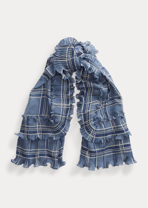 Szaliki Ralph Lauren Plaid Ruffled Silk Scarf Damskie Niebieskie Kolorowe | BWNV7290