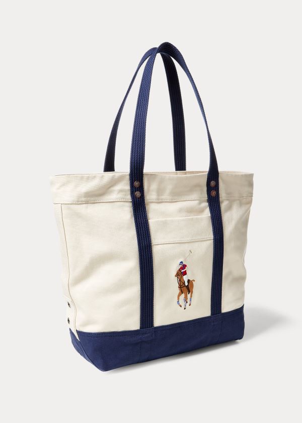 Torby Ralph Lauren Canvas Big Pony Tote Męskie Kremowe Granatowe | ZMUY0220