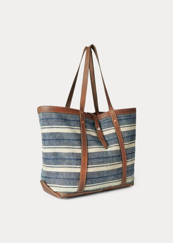 Torby Ralph Lauren Indigo Striped Canvas Tote Męskie Indygo Brązowe | ISOQ3896