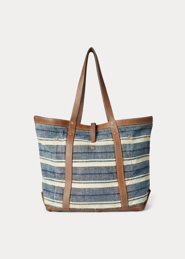 Torby Ralph Lauren Indigo Striped Canvas Tote Męskie Indygo Brązowe | ISOQ3896