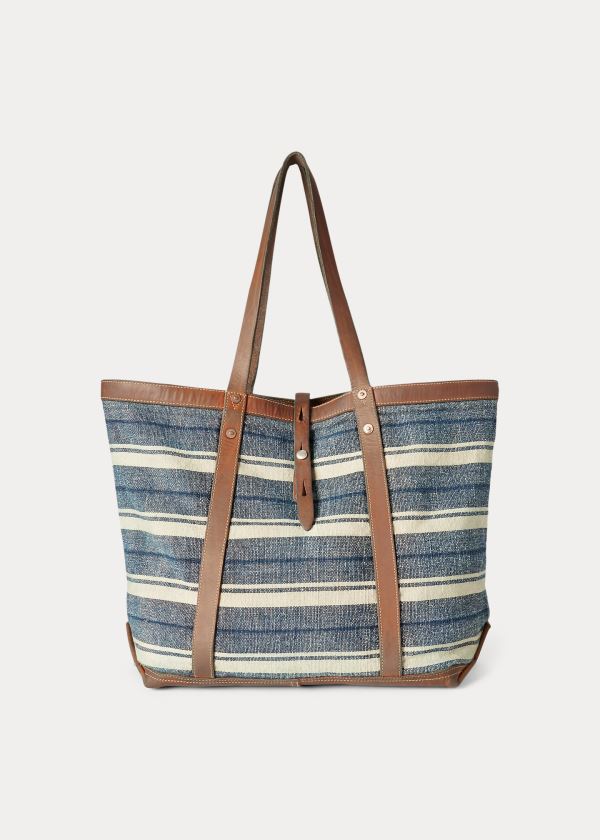 Torby Ralph Lauren Indigo Striped Canvas Tote Męskie Indygo Brązowe | ISOQ3896