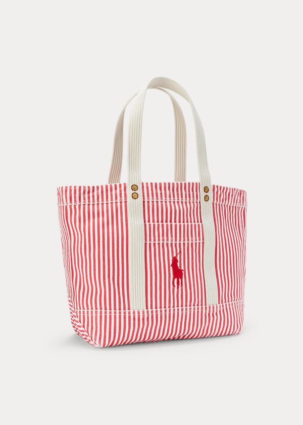 Torby Tote Ralph Lauren Canvas Striped Medium Tote Damskie Czerwone Białe | MDMI0517