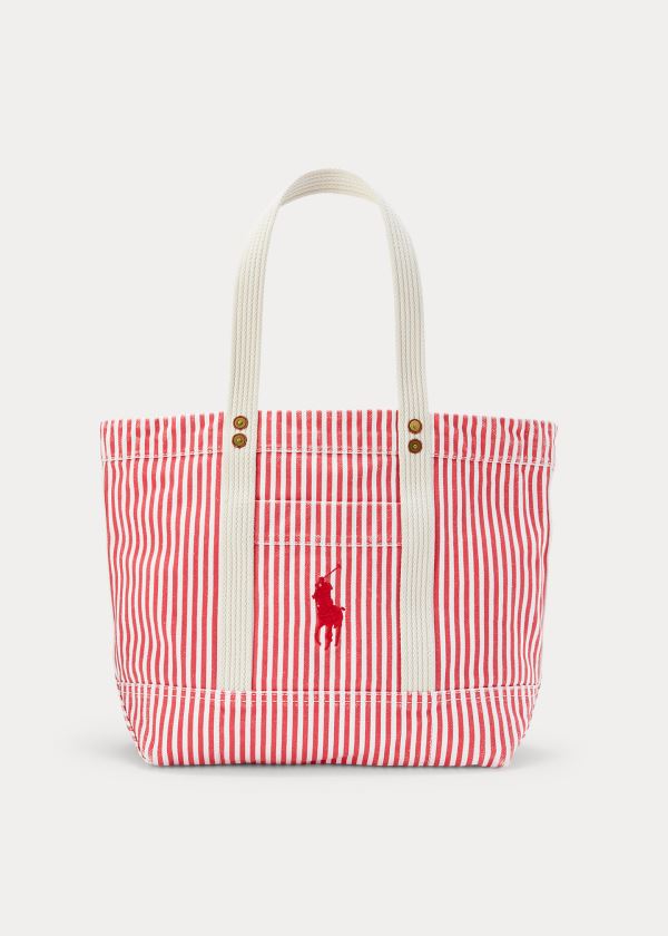 Torby Tote Ralph Lauren Canvas Striped Medium Tote Damskie Czerwone Białe | MDMI0517